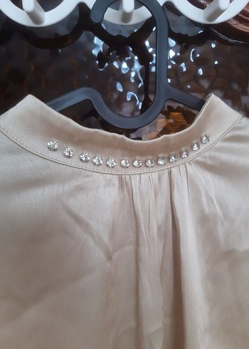 Bej, V Yakalı, Uzun Kollu Kadın Bluz - Görsel 3