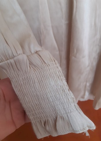 Bej, V Yakalı, Uzun Kollu Kadın Bluz - Görsel 2