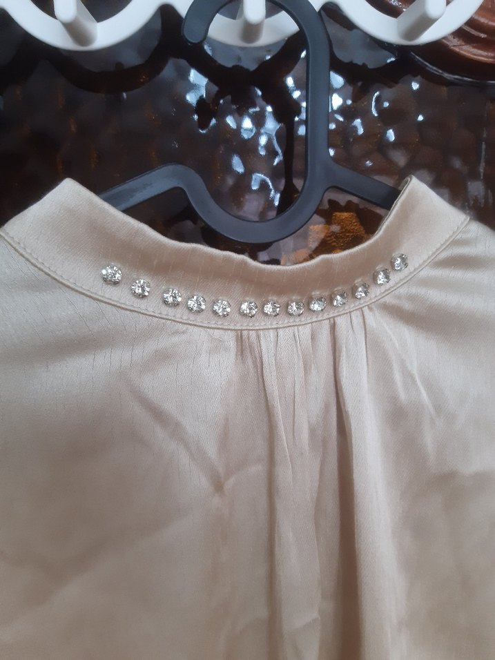 Bej, V Yakalı, Uzun Kollu Kadın Bluz - Görsel 3