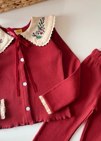 Bordo Nakışlı Uzun Kollu Bebek Kız Takımı - Görsel 5