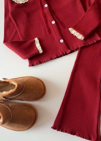 Bordo Nakışlı Uzun Kollu Bebek Kız Takımı - Görsel 4