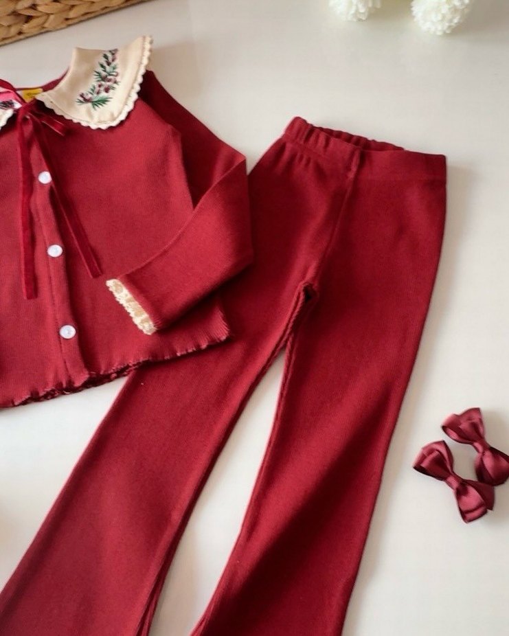 Bordo Nakışlı Uzun Kollu Bebek Kız Takımı - Görsel 2