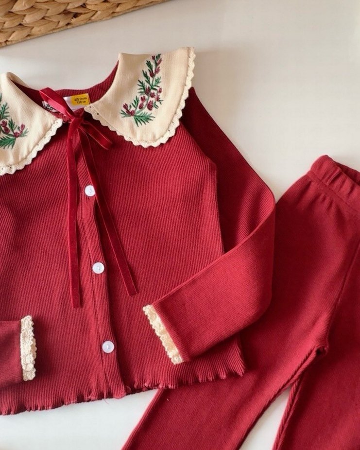 Bordo Nakışlı Uzun Kollu Bebek Kız Takımı - Görsel 5