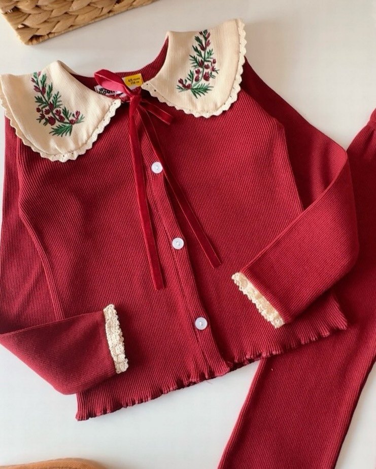 Bordo Nakışlı Uzun Kollu Bebek Kız Takımı - Görsel 3