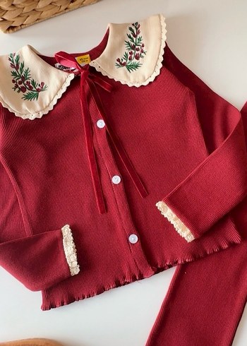 Bordo Nakışlı Uzun Kollu Bebek Kız Takımı - Görsel 3