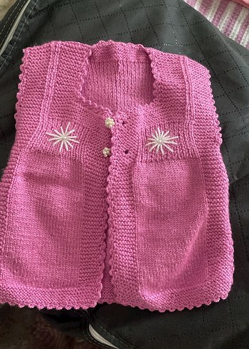 Beyaz Nakışlı Örgü Kız Bebek Patik yelek - Görsel 5