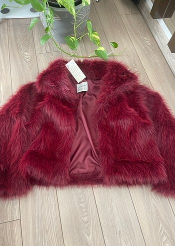 m Beden bordo Renk Bordo Suni Kürk Detaylı Midi Ceket