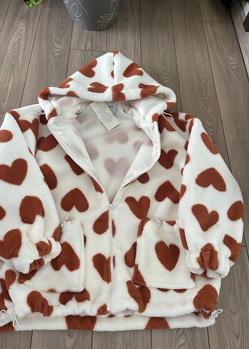 m Beden turuncu Renk Kapüşonlu, Kalp Desenli Kadın Peluş Ceket