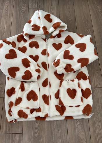 Kapüşonlu, Kalp Desenli Kadın Peluş Ceket