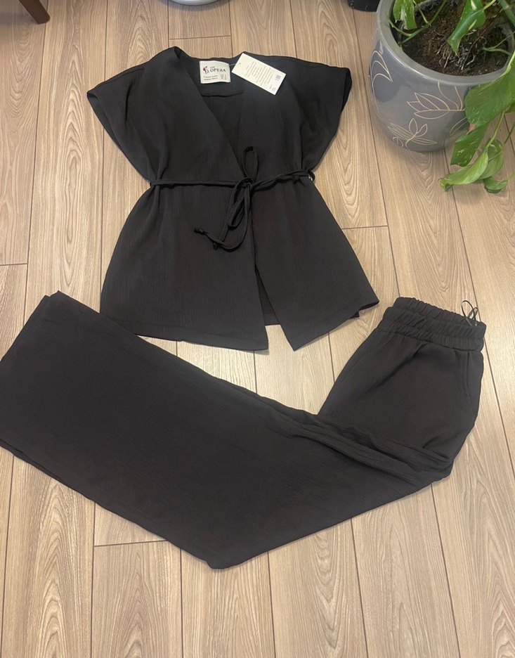 Siyah Kemerli Mini Keten Kadın Pantolon - Görsel 5