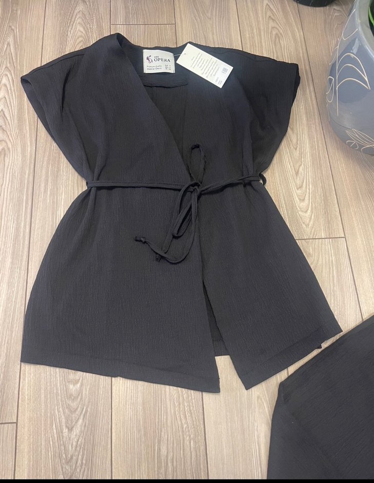 Siyah Kemerli Mini Keten Kadın Pantolon - Görsel 4