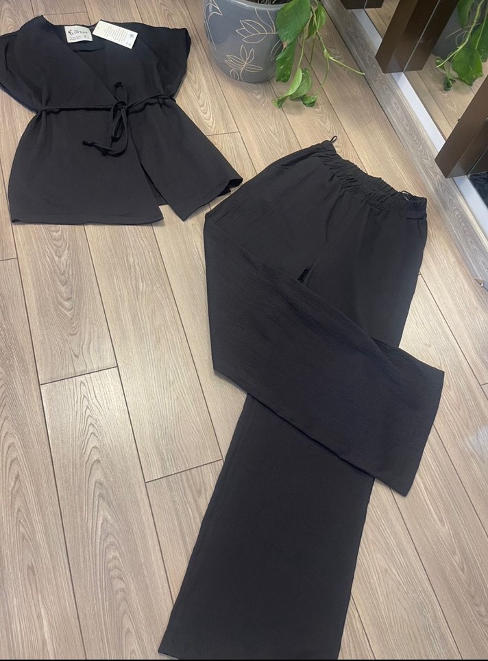 Siyah Kemerli Mini Keten Kadın Pantolon - Görsel 2