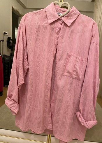 Pembe Keten Düğmeli Salaş Kadın Gömlek