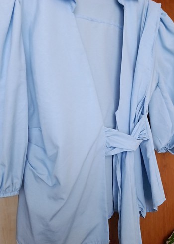 Mavi Keten Drapeli Kadın Bağlamalı Gömlek - Görsel 2