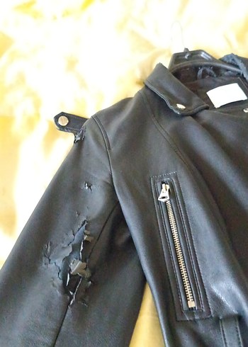 BERSHKA Kadın Siyah Deri Biker Ceket - Görsel 5