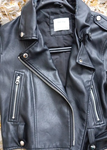 BERSHKA Kadın Siyah Deri Biker Ceket - Görsel 2