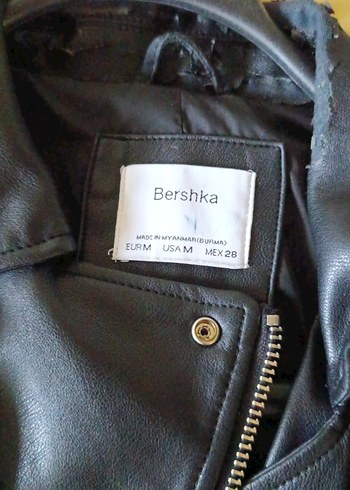 BERSHKA Kadın Siyah Deri Biker Ceket - Görsel 4