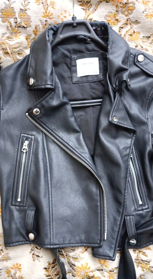 BERSHKA Kadın Siyah Deri Biker Ceket - Görsel 2