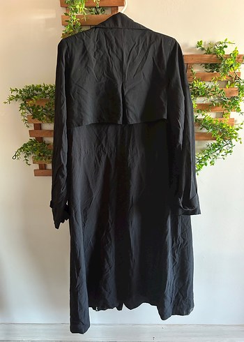 Düğmeli Siyah Kadın Uzun Trençkot - Görsel 5