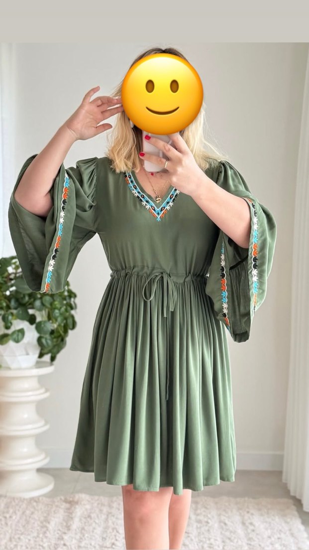 Nakış Detaylı Haki elbise - Görsel 2