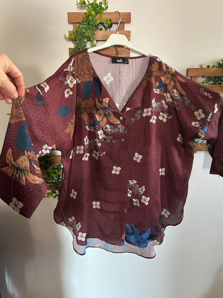 Bohem Uzun Kollu V Yakalı Bordo Gömlek - Görsel 5