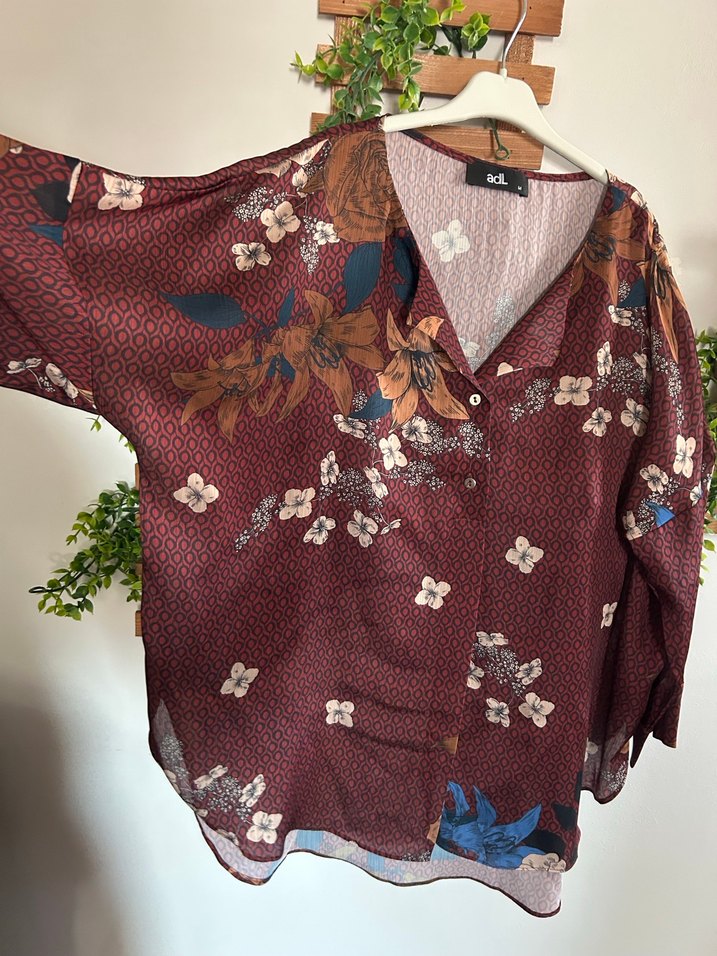 Bohem Uzun Kollu V Yakalı Bordo Gömlek - Görsel 3