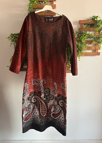 kiremit rengi Desenli Bohem Midi Elbise - Görsel 8