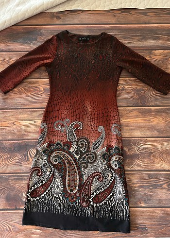 kiremit rengi Desenli Bohem Midi Elbise - Görsel 2