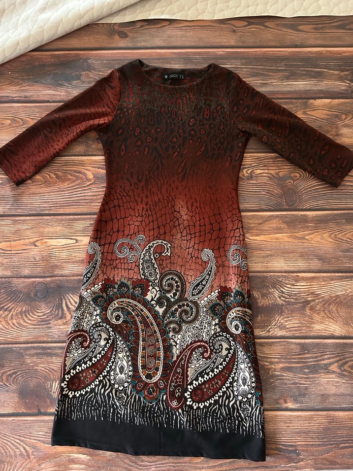 kiremit rengi Desenli Bohem Midi Elbise - Görsel 2