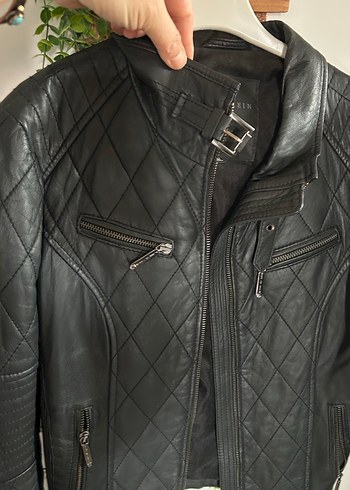 Kemer Detaylı Siyah Deri Biker Ceket - Görsel 9