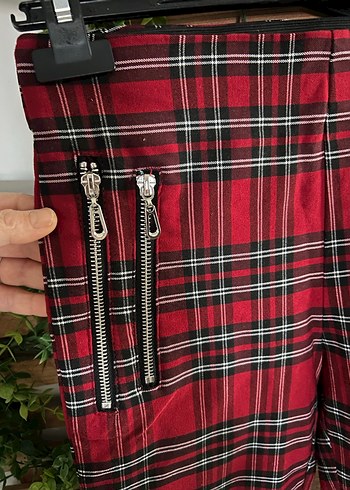 Kırmızı Ekose Fermuarlı Kadın Pantolon - Görsel 8