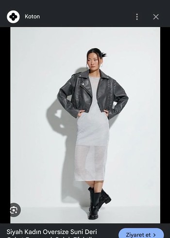 Gri Kadın Deri Ceket, Fermuarlı, Yüksek Yaka - Görsel 3