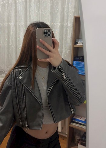 Gri Kadın Deri Ceket, Fermuarlı, Yüksek Yaka - Görsel 2