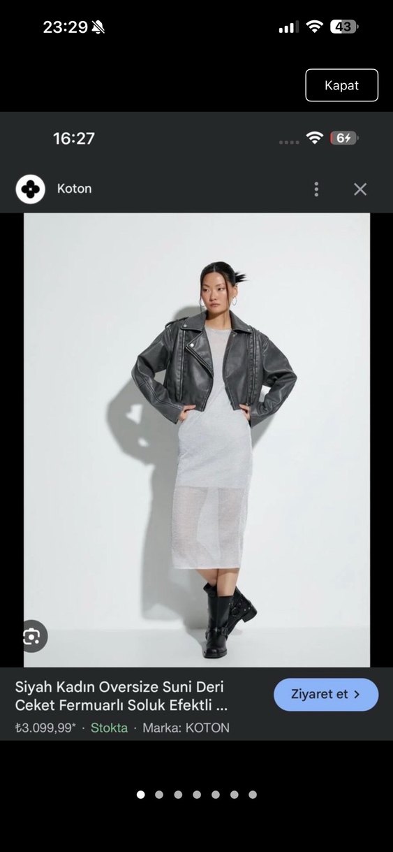 Gri Kadın Deri Ceket, Fermuarlı, Yüksek Yaka - Görsel 3