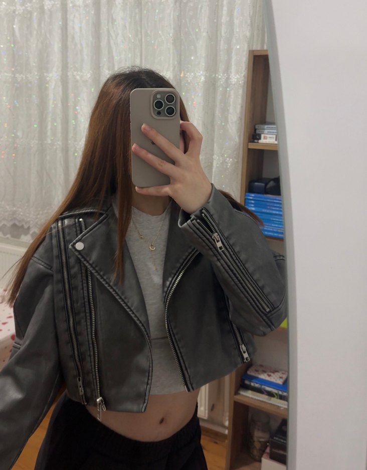 Gri Kadın Deri Ceket, Fermuarlı, Yüksek Yaka - Görsel 2