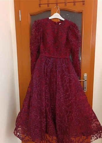 Abiye Bordo Uzun Kollu Dantel İşlemeli abiye