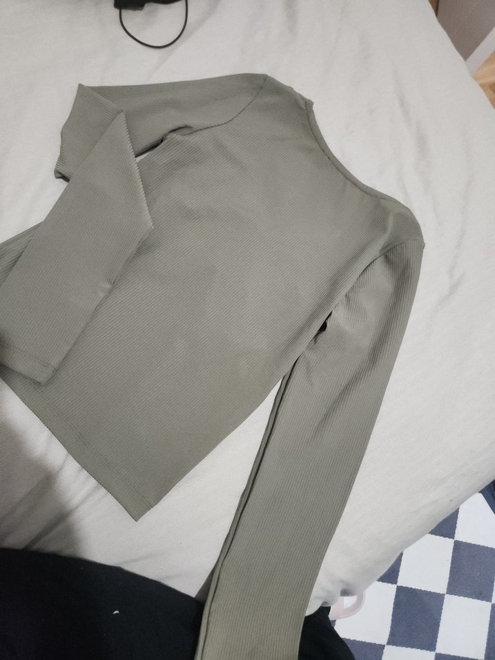 V Yaka Gri Kadın Bluz, Uzun Kollu, Dar Kesim - Görsel 3