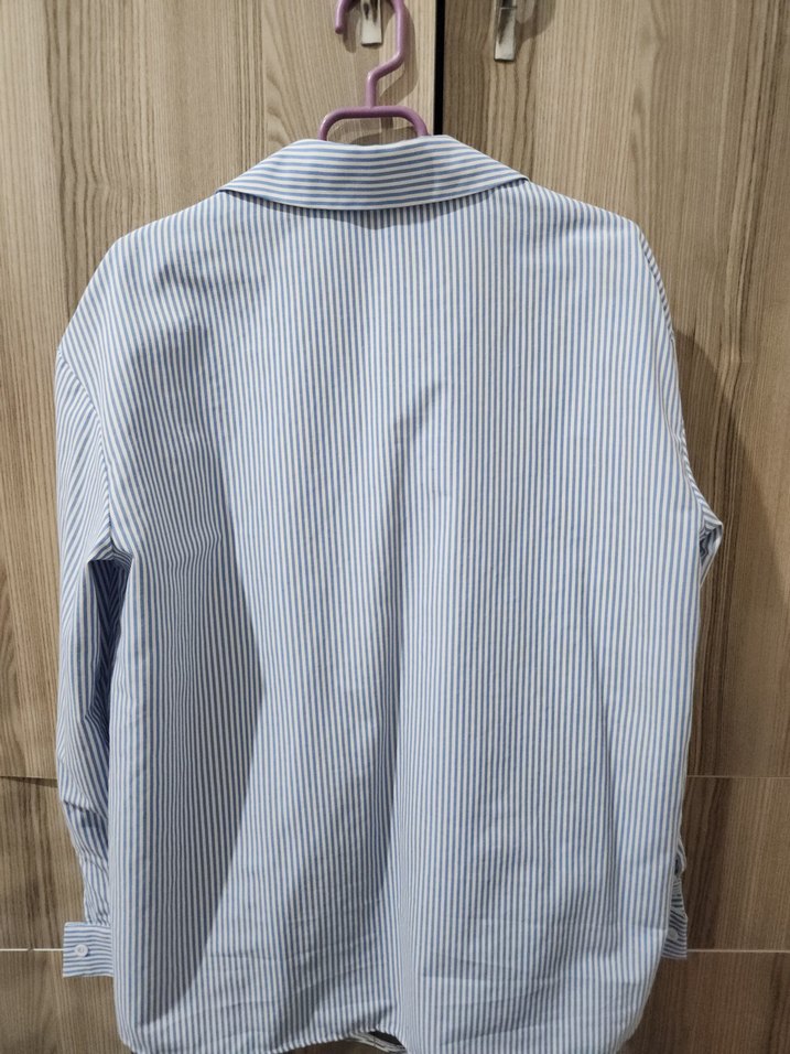 Mavi Çizgili Pamuklu Uzun Kollu Kadın Gömlek - Görsel 2