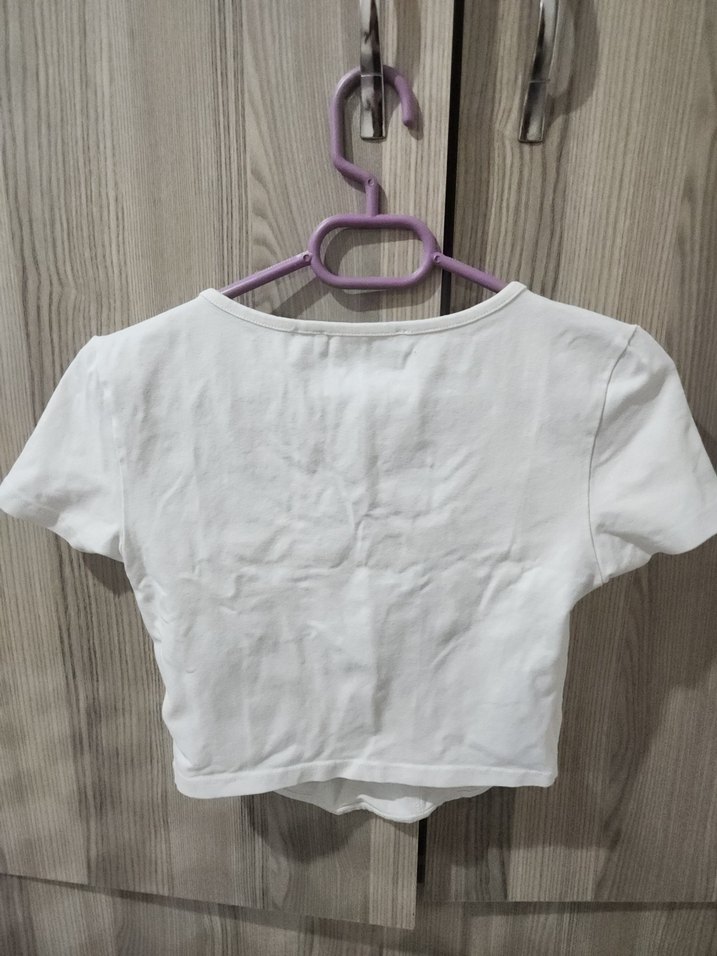 Beyaz Mini Crop Top Kısa Kollu - Görsel 3