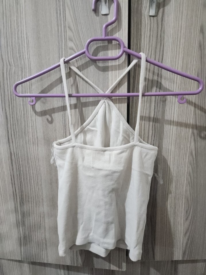 Kadın Beyaz Keten Askılı Mini Atlet - Görsel 2