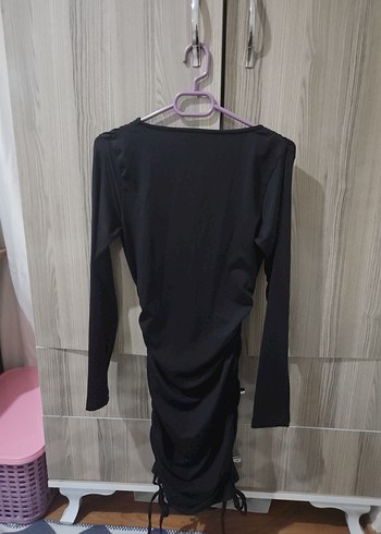 Siyah Drapeli V Yaka Midi Elbise - Görsel 2