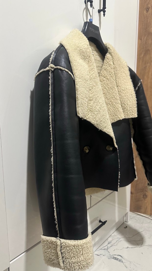 Siyah Deri Kürklü Kısa Kadın Ceket - Görsel 2