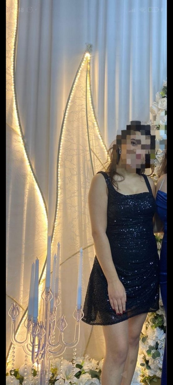 Siyah Parlak V Yaka Mini Abiye Elbise - Görsel 2