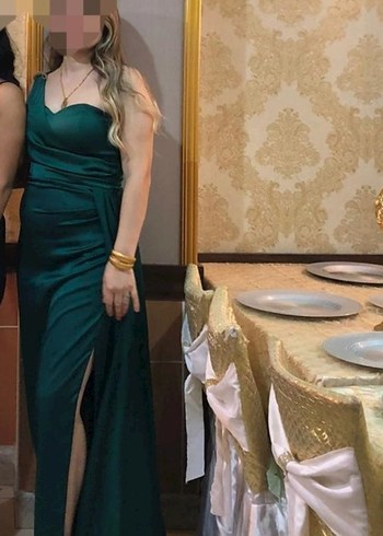 Drapeli Uzun Yeşil Straplez Abiye Elbise - Görsel 2