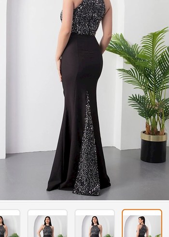 Siyah Payetli Straplez Uzun Abiye Elbise - Görsel 3