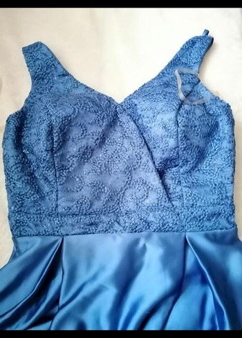 Mavi V Yakalı Drapeli Uzun Abiye Elbise - Görsel 4