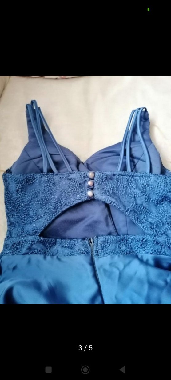 Mavi V Yakalı Drapeli Uzun Abiye Elbise - Görsel 5