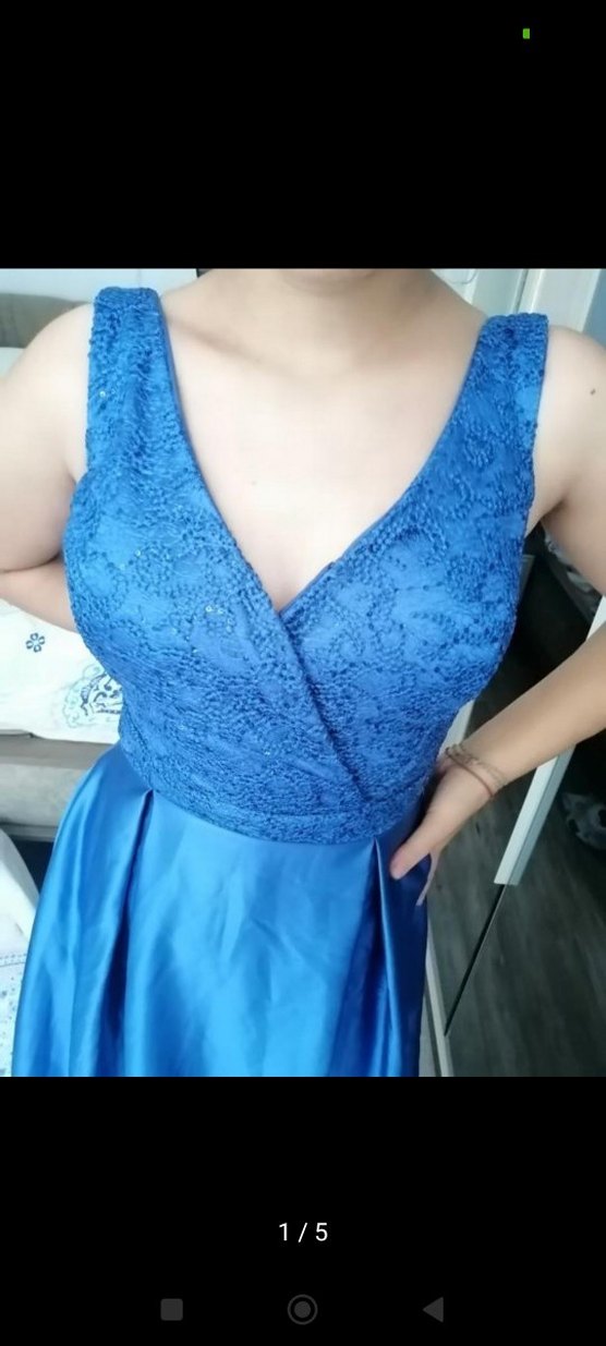 Mavi V Yakalı Drapeli Uzun Abiye Elbise - Görsel 2