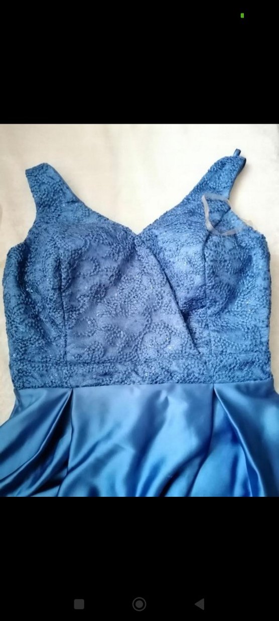 Mavi V Yakalı Drapeli Uzun Abiye Elbise - Görsel 4