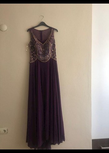 Boncuk İşlemeli Mor Uzun Abiye Elbise - Görsel 2